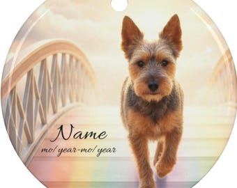 Personalized Australian Terrier Rainbow Bridge Ceramic Memento Ornament, Custom Australian Terrier Memorial Tribute Mom Dad Keepsake Gift
