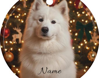 Personalized Samoyed Christmas Ceramic Ornament, Custom Samoiedskaya Sobaka Memorial Tribute, Bjelkier Dog Mom Dad Keepsake, Samoyed GIft