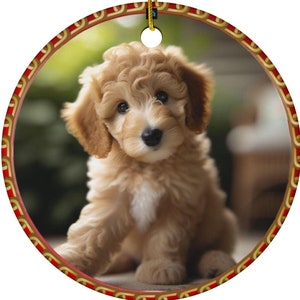 Adorno de cerámica personalizado con forma de cachorro Golden Doodle, doble cara, dibujo en blanco y negro en la parte posterior, regalo personalizado de Golden Doodle, mamá de Golden Doodle