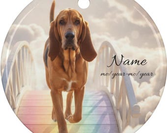 Personalized Bloodhound Rainbow Bridge Ceramic Ornament, Custom Bloodhound Memorial Tribute Keepsake, St. Hubert Hound Loss Remembrance Gift