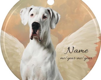 Personalized White Great Dane Angel Ceramic Ornament, Custom Dane Memorial Tribute Mom Dad Keepsake, Dane Loss Remembrance, Dane Dog Lover
