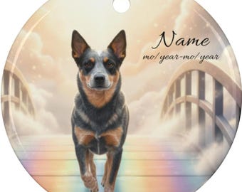 Personalized Australian Cattle Dog Rainbow Bridge Ceramic Ornament, Custom Blue Heeler Memorial Tribute Keepsake, Aussie Cattle Remembrance