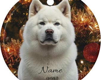 Personalized White Akita Inu Christmas Ceramic Ornament, Custom Akita Memorial Tribute Mom Dad Keepsake Gift, Akita Inu Loss Remembrance