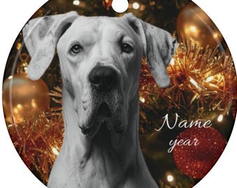 Personalized White Great Dane Christmas Ceramic Ornament, Custom Great Dane Memorial Tribute, Dane Loss Keepsake, Dane Mom Dad Sympathy Gift