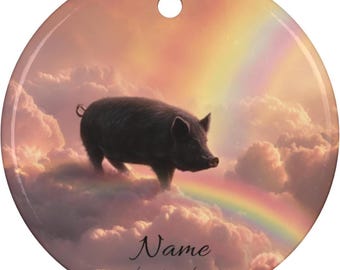 Personalized Black Pot Belly Pig Crossing Ethereal Rainbow Bridge Ceramic Ornament, Pot Belly Pig Remembrance Tribute Memorial, Pig Mom Dad