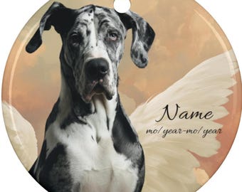 Personalized Merle Great Dane Angel Ceramic Ornament, Custom Dane Memorial Tribute Mom Dad Keepsake, Dane Loss Remembrance, Dane Dog Lover