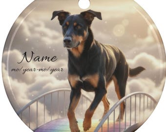 Personalized Beauceron Rainbow Bridge Ceramic Ornament, Custom Bas Rouge Memorial Tribute Mom Dad Keepsake Gift, French Shorthaired Shepherd