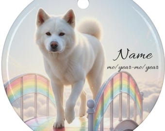 Personalized White Akita Rainbow Bridge Ceramic Ornament, Custom Akita Memorial Tribute Dad Keepsake, Akita Loss Remembrance, Akita Lover