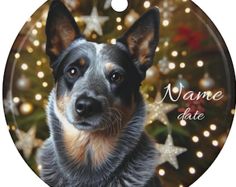 Personalized Blue Heeler Ornament, Custom Ceramic Dog Keepsake with Gold Hanging String