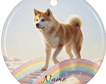 Personalized Fawn Akita Rainbow Bridge Ceramic Ornament, Custom Akita Memorial Tribute Mom Dad Keepsake, Akita Loss Remembrance, Akita Lover