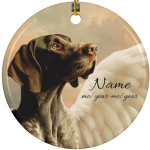 Spersonalizowana ceramiczna ozdoba w kształcie anioła z wizerunkiem wyżła niemieckiego krótkowłosego, spersonalizowany pomnik upamiętniający GSP, pamiątka po stracie ojca i matki GSP, upamiętnienie wyżła