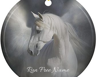 Personalized White Horse Angel Memorial Ornament, Custom “Run Free” Horse Loss Gift,  Rainbow Bridge Horse Keepsake, White Winged Horse Art