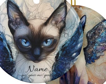Personalized Siamese Cat Premium Artwork Angel Ornament, Double Sided Memorial Keepsake, Rainbow Bridge Siamese Loss Mom Remembrance Gift