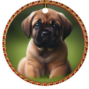Personalized Bullmastiff Puppy Ceramic Ornaments, Double-Sided, Black & White Sketch on Back, Bullmastiff Gifts, Bullmastiff Mom, Custom Dog