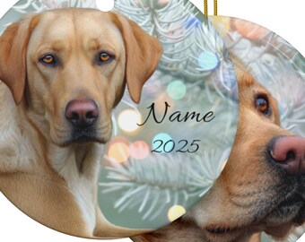 Adorno navideño personalizado de Labrador Retriever amarillo de edición limitada, imágenes de dos labradores, recuerdo personalizado de labrador, recuerdo de labrador