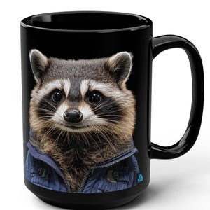 Funny Raccoon Mug, Cute Animal Coffee Cup, 15oz Novelty Tea Mug, Blue Jacket Wildlife Lover Gift, Forest Animal Ceramic Mug, Fun Raccoon Mug
