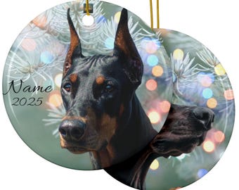 Personalized Doberman Pinscher Limited Edition Christmas Ornament, Double Doberman Images, Custom Doberman Keepsake, Black Doberman Memorial