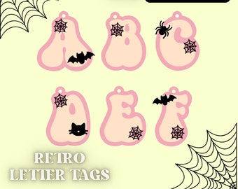 Halloween Retro Initial Letter Tags SVG, Spooky boo Basket tag | Laser Cut | Acrylic Wood | Digital Dowload Glowforge Cut File, placecard