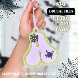 Etiquetas de letras iniciales retro de Halloween SVG, etiqueta de cesta Spooky boo / Corte láser / Madera acrílica / Descarga digital Archivo de corte Glowforge, tarjeta de posición