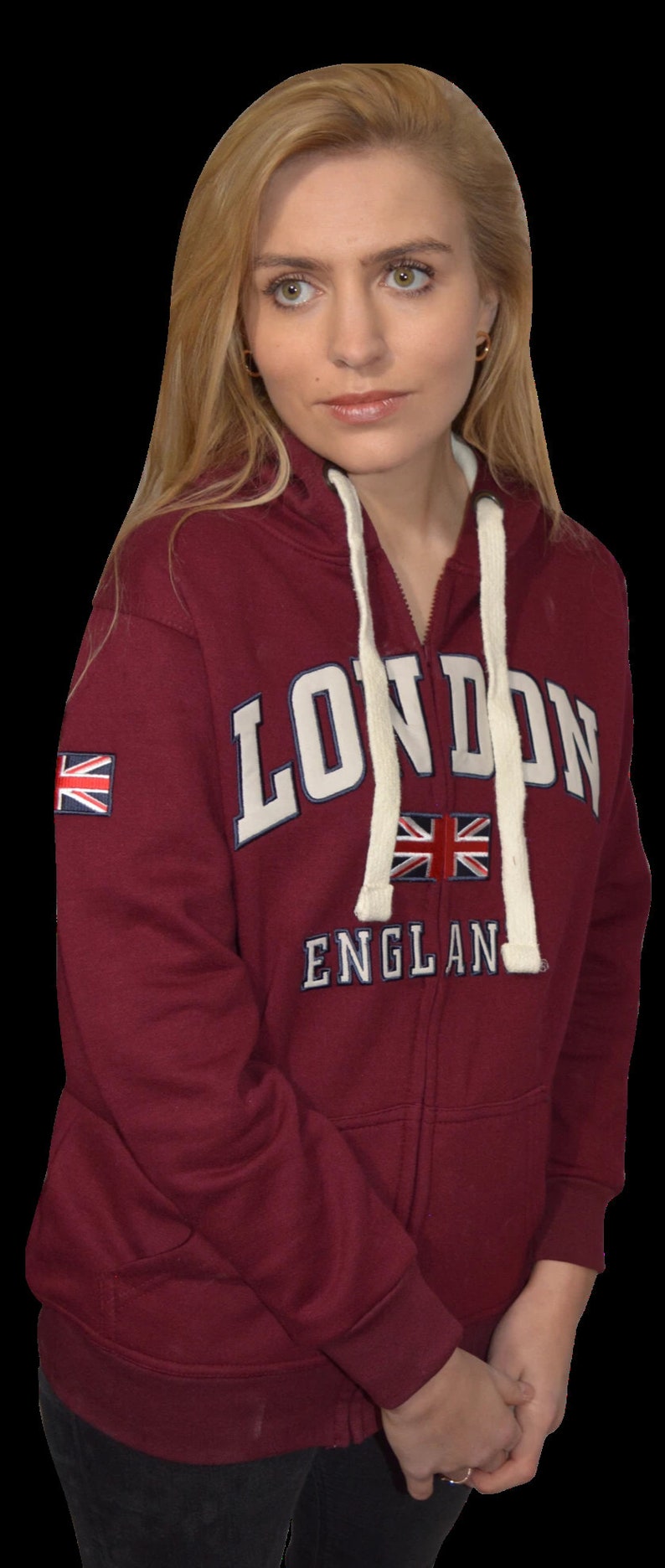 LE129ZMOW Unisex London England Zipped Hooded Sweatshirt Maroon 