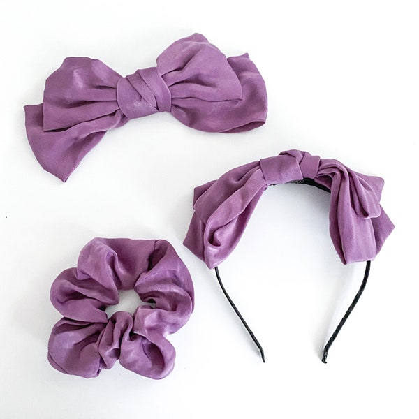 Purple Satin Scrunchie, Hairclip, Headband Set | Scrunchie Haven