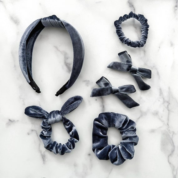 Denim 6 Piece Velvet Gift Set | Headband, Hair Clips, Mini Scrunchie,  Regular Scrunchie + Wired bunny ear | Shop Haven Mae