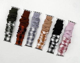 Two Tone Solid + Plaid Apple Watch Scrunchie Band 38mm/40mm/41mm/42mm/44mm/45mm Size | Scrunchie Haven