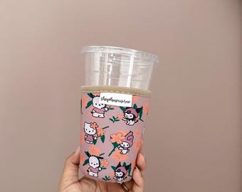 Dusty Rose Floral Kawaii & Friends Made With Neoprene Material Coffee Cozies Coffee Cozy Cup Sleeve