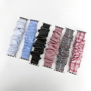 May include: Seven different Apple Watch bands in various colors and patterns. The bands are made of a soft, stretchy fabric and are designed to fit most wrist sizes.
