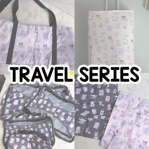 May include: A collection of travel bags and accessories in various sizes and shapes. The items feature a repeating pattern of cartoon characters in pink, gray, and black. The text "TRAVEL SERIES" is displayed in large, bold letters.