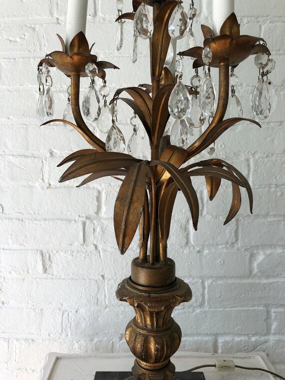 Antique Vintage Toleware French Chandelier Table Lamp Crystal Prisms