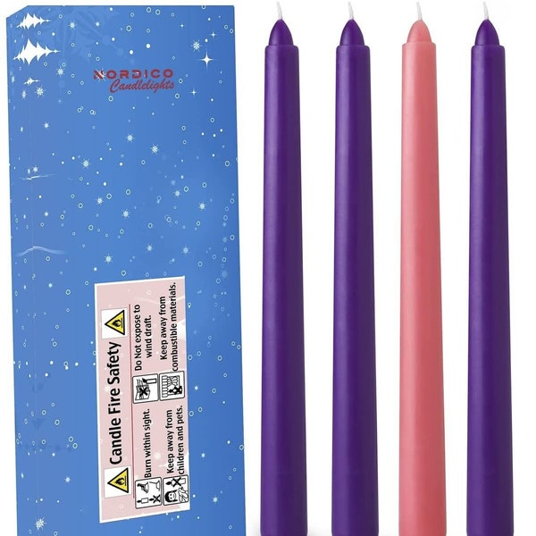 4 pcs Set of Christmas Advent Taper Candles- 10-inch x 0.75 (3/4) inch Diameter- 3 Purple & 1 Pink. 7.5 Hours Burn Time