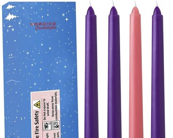 4 pcs Set of Christmas Advent Taper Candles- 10-inch x 0.75 (3/4) inch Diameter- 3 Purple & 1 Pink. 7.5 Hours Burn Time