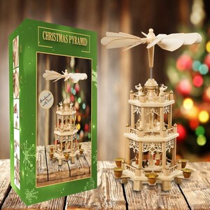 17.5 Inches German Style Christmas Decoration Pyramid Nativity Scene. Holiday Nativity Carousel. 6 Candle Holders. German Design image 6