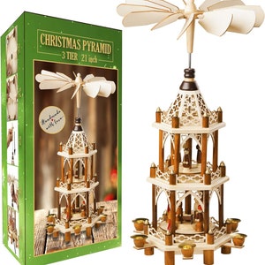 21 Inches German Style Christmas Pyramid Nativity Scene Set -Table Top Holiday Décor Carousel with 6 Candle Holders. German Design