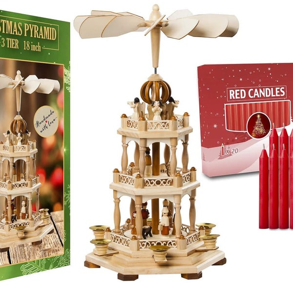 18-inch Christmas Decoration Pyramid 20 Red Candles Included-Wood Nativity Scene -Tabletop Holiday Decor Carousel German Design