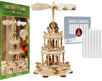 18-inch Christmas Decoration Pyramid 20 White Candles Included-Wood Nativity Scene -Tabletop Holiday Decor Carousel German Design