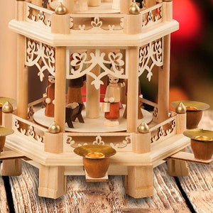17.5 Inches German Style Christmas Decoration Pyramid Nativity Scene. Holiday Nativity Carousel. 6 Candle Holders. German Design image 5