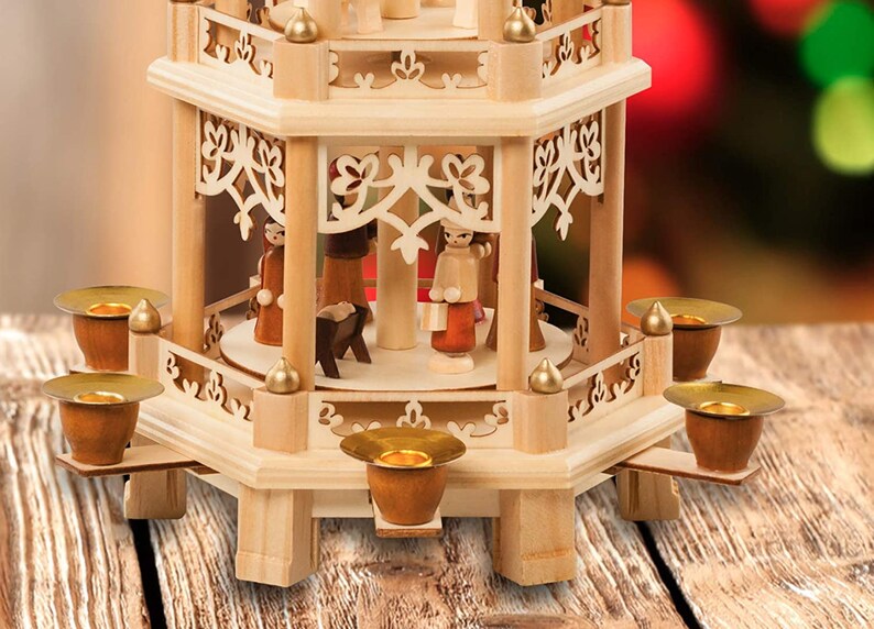 17.5 Inches German Style Christmas Decoration Pyramid Nativity Scene. Holiday Nativity Carousel. 6 Candle Holders. German Design image 5