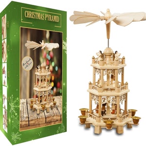 17.5 Inches German Style Christmas Decoration Pyramid Nativity Scene. Holiday Nativity Carousel. 6 Candle Holders. German Design image 1