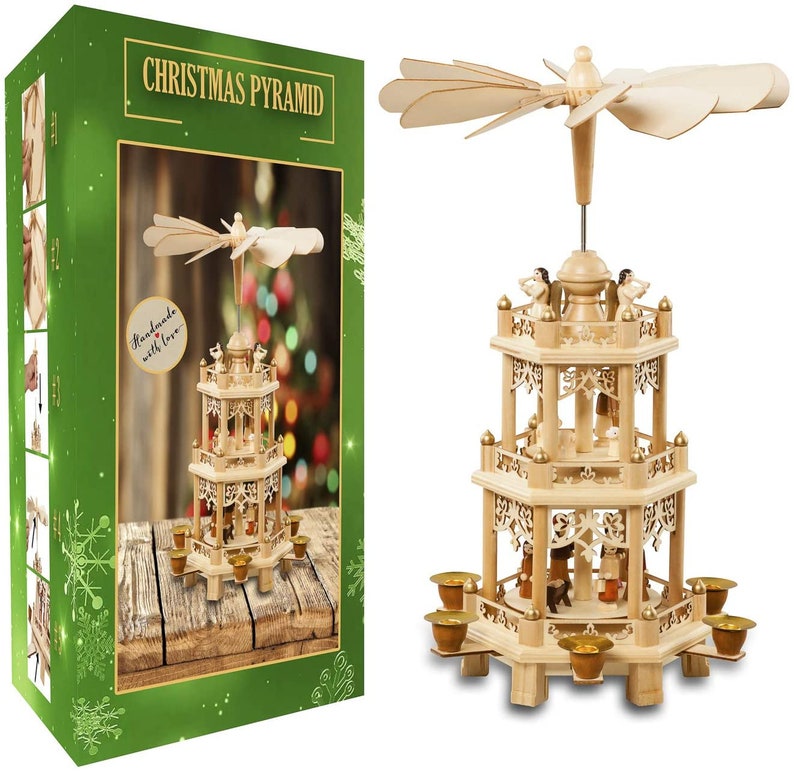 17.5 Inches German Style Christmas Decoration Pyramid Nativity Scene. Holiday Nativity Carousel. 6 Candle Holders. German Design image 1