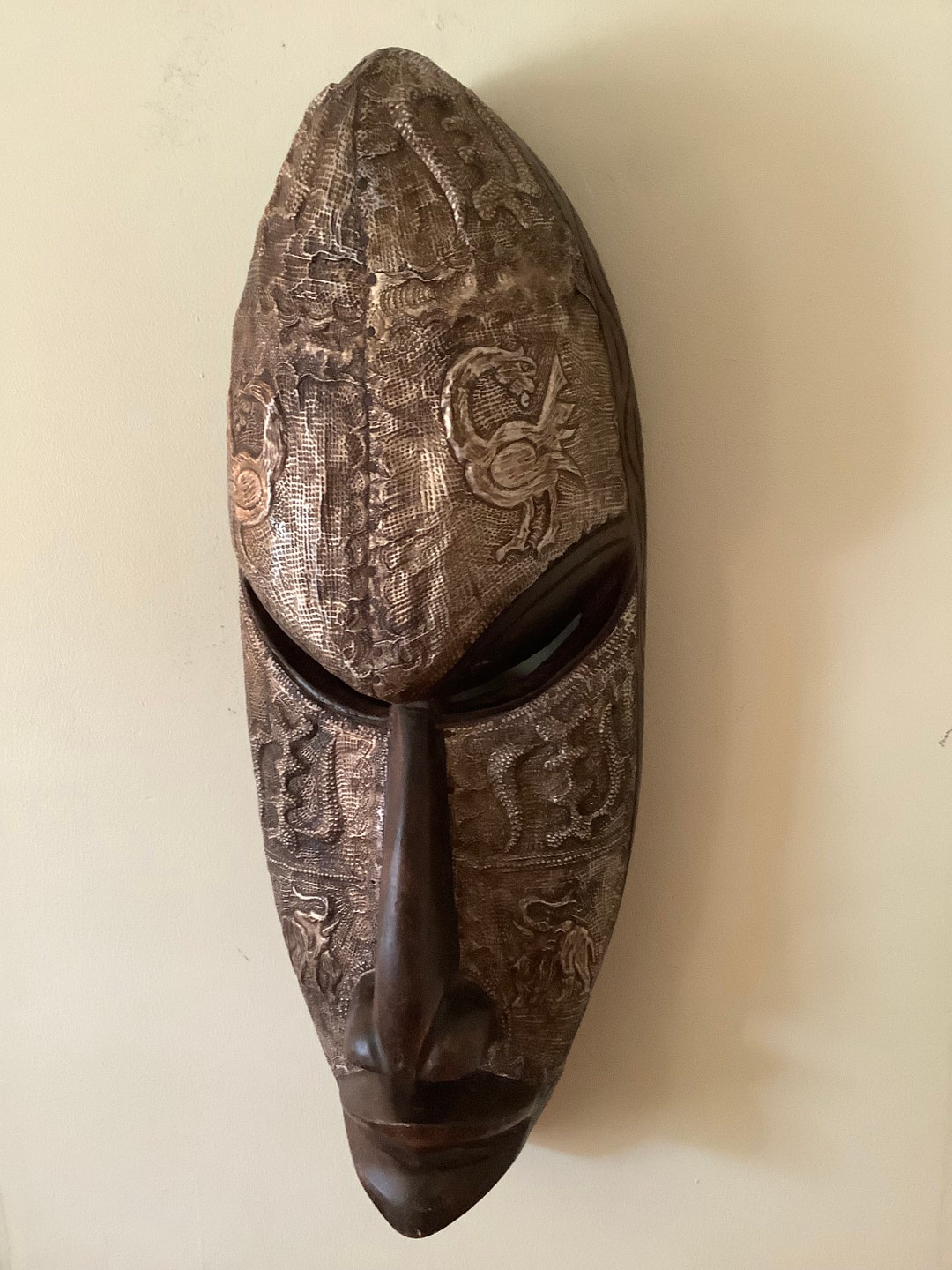 Large African Mask With Metal Facial Designs of Gyename, Sankofa and