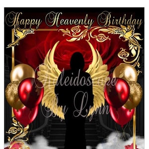 Happy Heavenly Birthday red rose and gold Memorial PNG add photo template for funeral RIP memorial