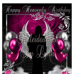 Happy Heavenly Birthday Dark Pink Rose and Silver Memorial PNG add photo template for funeral RIP memorial