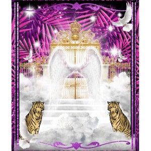 NEW  Purple Palms Tiger Heaven&#39;s Gate Angel Memorial PNG add photo template for funeral RIP memorial sublimation background