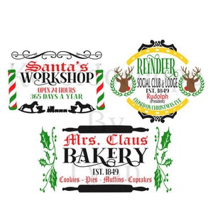 3 Pack Christmas Bundle Mrs Claus Bakery Santas Workshop and Reindeer Social Club SVG PNG JPG digital cut file cricut silhouette Christmas