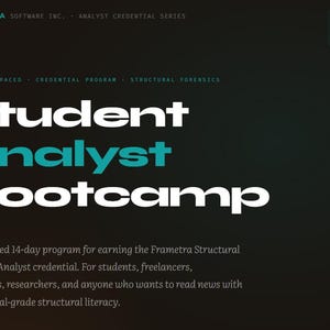 Op de afbeelding: Donkere achtergrond met witte en turquoise tekst die een "Student Analyst Bootcamp" promoot. De tekst bevat "14 Day Bootcamp" en beschrijft een programma om een Structural Forensics Analyst-certificering te behalen.
