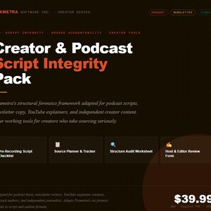 Puede incluir: Una página web marrón oscuro con el título "Creator & Podcast Script Integrity Pack" en texto blanco y naranja. La página incluye cuatro herramientas de trabajo para creadores, incluyendo una lista de verificación de guiones de pregrabación y un planificador de fuentes. El precio es de $39.99.