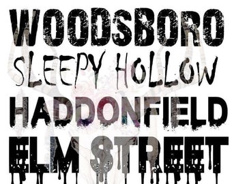Woodsboro Sleepy Hollow Haddonfield Elm Street Crystal Lake Silent Hill Design herunterladen