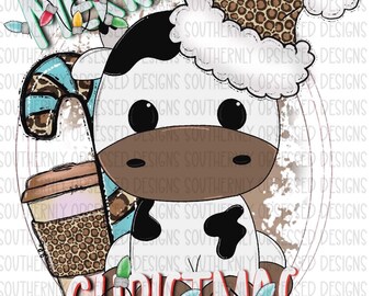 Frohe Weihnachten Kuh mit Kaffee Digital PNG